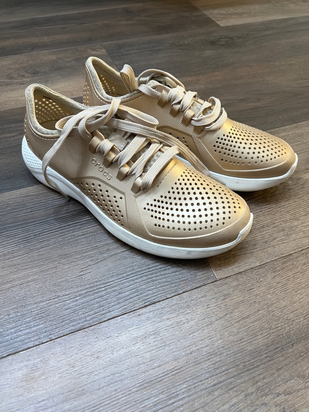 CROCS Women's Beige Perforated Lace-Up Sneakers